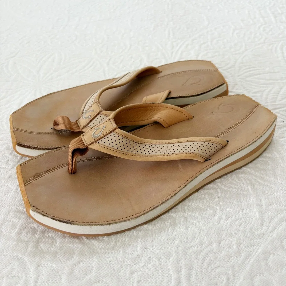 Olukai Women's Premium Leather Square Toe‎ Flip Flop Sandals W's 7